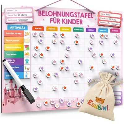Abbildung von Belohnungstafel für Kinder [100 AUFGABEN + 350 MAGNETE] Belohnungssystem Verantwortung Montessori Magnettafel, Wochenplaner Kinder, ADHS Hilfsmittel inkl. Tasche, Stift (Prinzessin)