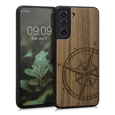 Abbildung von kwmobile Hülle kompatibel mit Samsung Galaxy S21 FE Holz Case Handy Cover TPU Handyhülle in Dunkelbraun Kompass Vintage