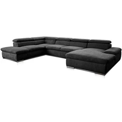 Abbildung von Cavadore Wohnlandschaft Alkatraz im modernen Design / U Form mit Ottomane links und Longchair rechts Inkl. Bettfunktion + Kopfteilverstellung 350 x 73 226 Schwarz