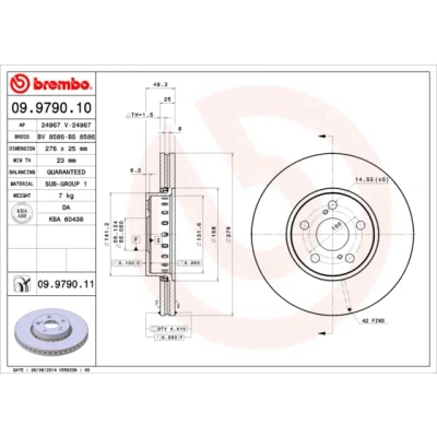 Abbildung von BREMBO COATED DISC LINE 09.9790.11 Bremsscheibe 276 25 5 innenbelüftet beschichtet TOYOTA: Avensis I Kombi, Liftback, Limousine