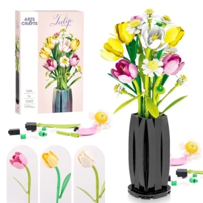 Abbildung von Euakee Blumen Bausteine Bausatz, Bauspielzeugset mit Vase, DIY Pflanze Blumenstrauß Dekoration, Idee Geschenke für Valentinstag Geburtstage Muttertag (Tulpe)