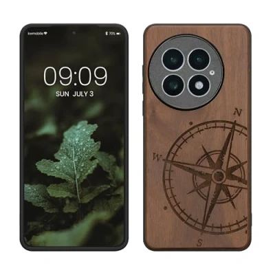 Abbildung von kwmobile Hülle kompatibel mit OnePlus 13 Holz Case Handy Cover TPU Handyhülle in Dunkelbraun Kompass Vintage