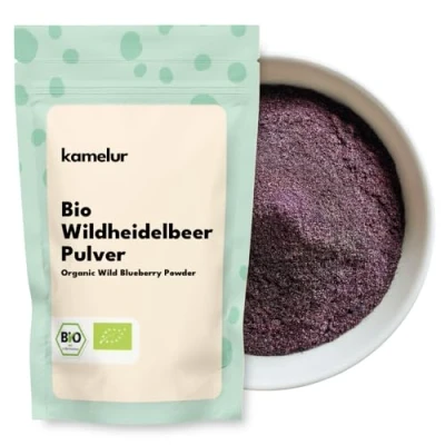 Abbildung von Kamelur Bio Wild Heidelbeerpulver gefriergetrocknet aus EU Landwirtschaft 250g Heidelbeer Pulver wilden Heidelbeeren in biologisch abbaubarer Verpackung