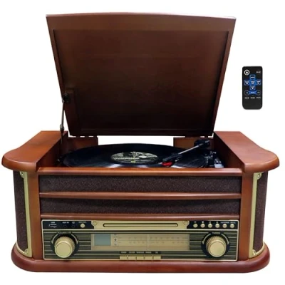 Abbildung von Nostalgie Holz Musikanlage Kompaktanlage Plattenspieler Bluetooth Retro Stereoanlage CD MP3 Player USB Radio Encoding: Aufnahmefunktion Fernbedienung Kassettendeck AUX IN