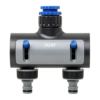 Abbildung von TATAY 2 Wege Verteiler Premium, Für 1/2&quot;, 3/4&quot; und 1&quot; Wasserhähne, Universalverbinder, Regulator, Sonnenschutz, Einfache Installation, Grau Schwarz