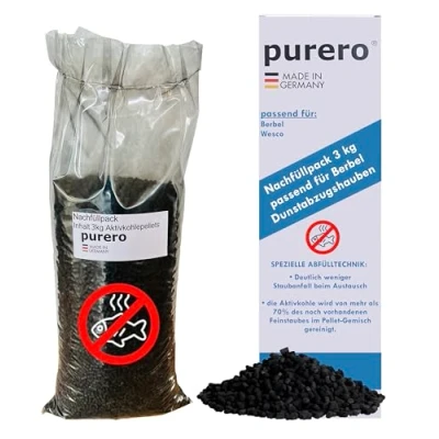 Abbildung von purero® Aktivkohle 3,0 kg Nachfüllpack passend für Berbel Dunstabzugshauben mit Anti Fisch Beschichtung Aktivkohlepellets Made in Germany