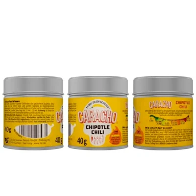 Abbildung von CARACHO 3er Pack x 40g Chili Chipotle Chiliflocken geschrotet Premium 100% Scharfes Chillipulver in Metal Gewürz Dose/Scoville: 15.000 20.000 / Spezialität