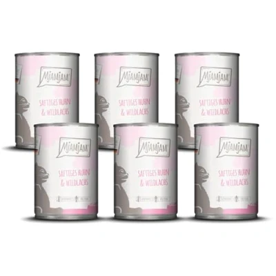 Abbildung von MjAMjAM Premium Nassfutter für Katzen saftiges Huhn und Wildlachs, 6er Pack (6 x 400 g), getreidefrei mit extra viel Fleisch