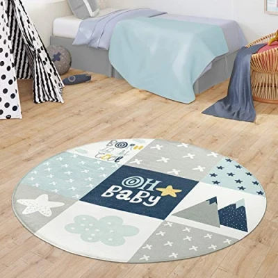 Abbildung von TT Home Teppich Kinderzimmer Kinderteppich Spielmatte Babymatte Modern Jungs Mädchen, Farbe: Blau, Größe:Ø 150 cm Rund