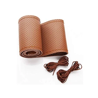 Abbildung von DIY Handgenähtes mikrofaser Leder Anti Rutsch Lenkradbezug, Auto Lenkrad,Lenkradbezug mit Nadel und Faden 38 cm Braun