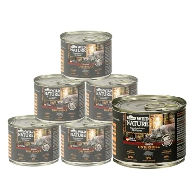 Abbildung von Dehner Wild Nature Katzenfutter Unterholz, Nassfutter getreidefrei / zuckerfrei, für ältere Katzen, Wildschwein, 6 x 200 g Dose (1.2 kg)