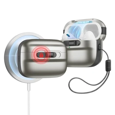 Abbildung von ESR für AirPods Pro 2./1. Generation Hülle (2023/2022/2019) mit HaloLock, MagSafe Ready, Magnetische Deckelverriegelung (USB C/Lightning Kabel), Sturzschutz Trageband, Pulse Serie, Titan