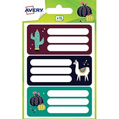 Abbildung von AVERY 15 Etiketten für Notizbuch und Schulmaterial, Fantasie Design, Tiere: Panda, Lama Faultier Format 76 x 34 mm