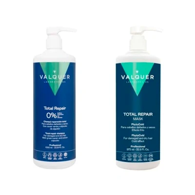 Abbildung von Valquer Professional Pack Shampoo + Total Repair Maske mit Eiseffekt (1 l, 2 Einheiten). Kein Salz, keine Silikone und Sulfate. Beschädigtes trockenes Haar