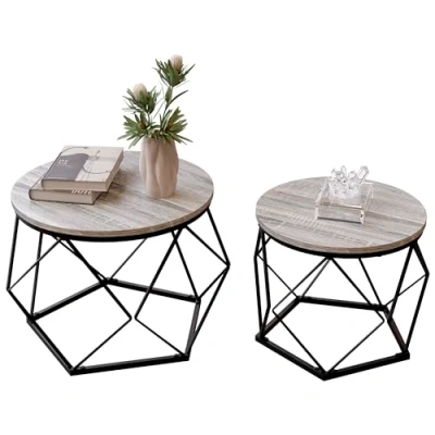Abbildung von Vida Designs Brooklyn Runde Couchtische, 2er Set Beistelltische, moderner Stahlrahmen, Nesting Wohnzimmermöbel (Grau)