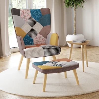 Abbildung von IDMarket Ivar skandinavischer Sessel mit Fußstütze aus mehrfarbigem Patchwork Stoff