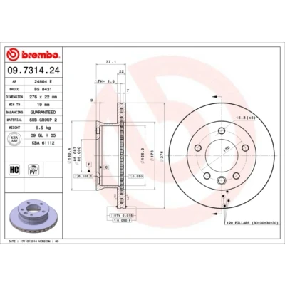Abbildung von BREMBO 09.7314.24 Bremsscheibe 276 22 5 innenbelüftet hochgekohlt VOLKSWAGEN: LT 28 46 II Pritsche / Fahrgestell, 2 Kasten, 35 Bus