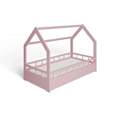 Abbildung von ms factory Hausbett mit Matratze Kinderbett 80x160 cm Rausfallschutz und Lattenrost Einzelbett aus Kiefernholz für Mädchen Junge Rosa