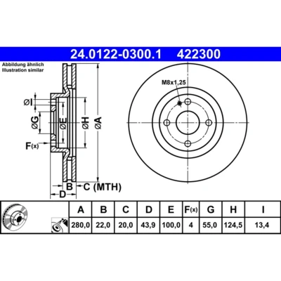 Abbildung von ATE 24.0122 0300.1 Bremsscheibe 280,0 22,0 4 100,0 Belüftet beschichtet MAZDA: MX 5 IV, ABARTH: 124 Spider, FIAT: Spider