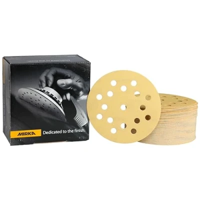 Abbildung von Mirka Gold Universal Schleifpapier Ø 125mm Klett 17 Loch, Korn P240, 100 Stk / Zum Schleifen von Gips, Spachtel, Spanplatten, Holz, Lack