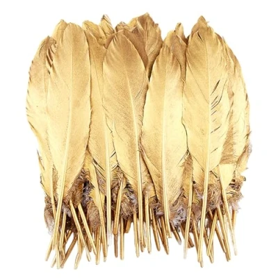 Abbildung von 50 goldene Federn, bunte Federschmuck zum Selbermachen, Federhandwerk, natürliche Federdekoration, können zur Herstellung von Bekleidungszubehör, Kopfbedeckungen und Möbeldekorationen