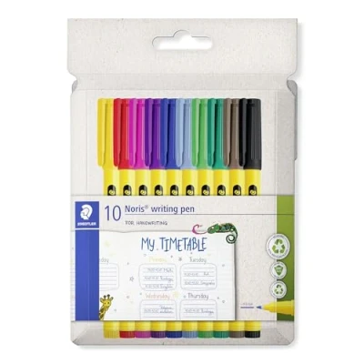 Abbildung von STAEDTLER Noris writing pen 307 Fineliner, Gehäuse aus 97% recyceltem Plastik gemäß ISO 14021, Kartonetui mit 10 Fineliner in sortierten Farben, C10
