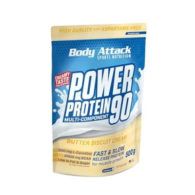 Abbildung von Body Attack Power Protein 90 Butter Biscuit 500g Mehrkomponenten Pulver, Made in Germany Mit BCAA, Vitaminen &amp; L Carnitin Shake extra cremiger Geschmack
