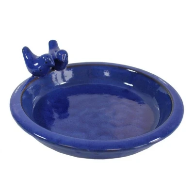 Abbildung von colourliving Vogeltränke für den Garten &quot;Noble&quot; mit 2 Deko Vögel, 30 cm blau Keramik, handbemalt, jede ein Unikat, leicht zu reinigen