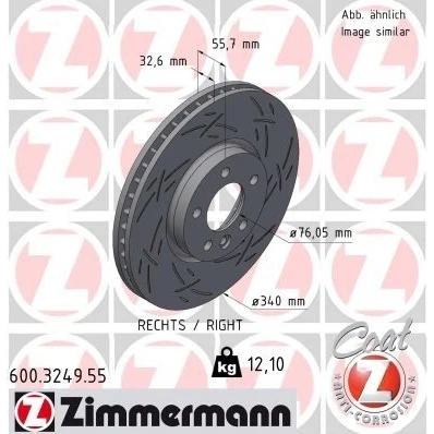Abbildung von ZIMMERMANN 600.3249.55 Bremsscheibe 340 33 6/5 5 120 innenbelüftet, geschlitzt beschichtet hochgekohlt VOLKSWAGEN: Transporter Bus, Multivan (7HM