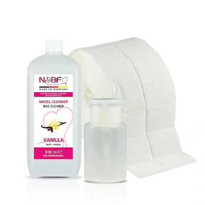 Abbildung von NAILS FACTORY Nagel Cleaner Set mit Duft 500ml + Dispenser Pumpflasche Weiss 150ml 1000 Zelletten Cellulose Pads (2 Rollen à 500 Stück) 70% Isopropanol Alkohol für Gelnägel (Vanille)