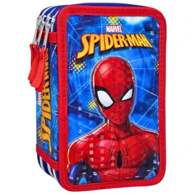 Abbildung von Clondo 3D Federmäppchen mit 3 Fächern für Kinder, Spiderman Fan A, dreifach gefüllt, 44 Schulzubehör, Reißverschlüsse, 20 cm, Lineal, Buntstifte, Filzstifte