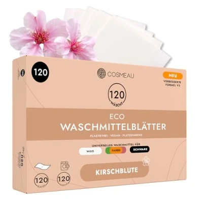 Abbildung von Cosmeau Waschmittel Blätter Kirschblüte bis zu 120 Waschgänge (120 Blätter) Nachhaltiges für Weiß, Farbe und Schwarz Plastikfrei, Abbaubar &amp; Perfektes Reisewaschmittel