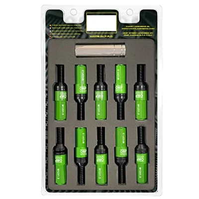 Abbildung von OMP SPEED Set 20 Radschrauben schwarz mit metrischer M12X1,5 Schlüssel 17 19 lang Gewinde 28 mm grünem Aluminiumschutz 7075 + DIN 12,9