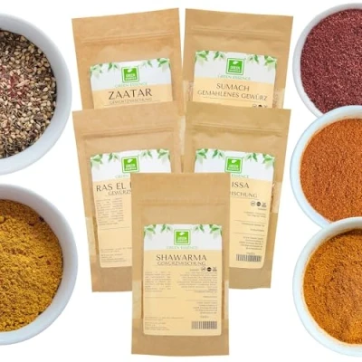 Abbildung von Marokkanisches und Arabisches Gewürzset von der Grünen Essenz 5er Pack Ras El Hanout Shawarma Zatar Sumach Harissa natürlichen Gewürzmischungen für orientalische Gerichte