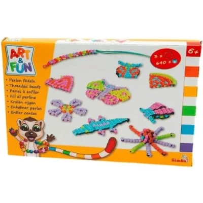Abbildung von Art und Fun Set Perlen fädeln, 640 Perlen, 3x Metall Anhänger, Aufbewahrungsbox, 16m Schnur, Anleitung für 9 Figuren, ab 6 Jahren