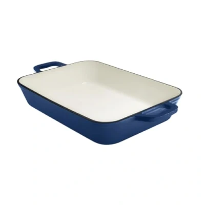 Abbildung von GRAND FEU Emaillierter Gusseisen Bräter zum Backen, Schmoren und Braten Stilvolle, Minimalistische Auflaufform aus mit Emaille Beschichtung außen innen Fassungsvermögen 3.2L, Blau