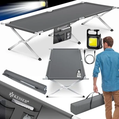 Abbildung von KESSER® Campingbett Klappbett mit Tragetasche, Seitentasche &amp; Campinglicht Stabiles Feldbett 210x73x45cm bis 150 kg Belastbar Metallrohr 600D Oxfordgewebe Tragbar Liege Reise Bequem Anthrazit