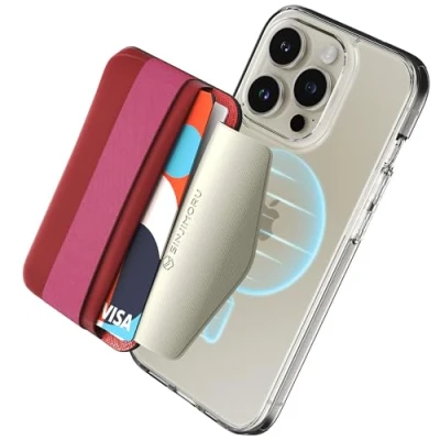 Abbildung von Sinjimoru Magnetischer Handy Kartenhalter für MagSafe mit elastischem Fingerhalter, Kartenetui weichem Band kompatibel Wallet iPhone 16, 15, 14, 13 &amp; 12 Reihe. M Rot