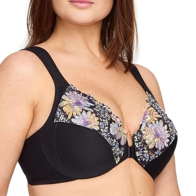 Abbildung von Glamorise Damen Vorderverschluss Wonderwire BH Mit Bügel #1245 Plunge Bra, Blumenprint, 110F EU