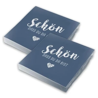 Abbildung von itenga Servietten Schön dass du da bist 30 x 30cm 3 lagig 40 Stück für Kommunion Konfirmation Hochzeit Taufe und andere Feiern (dunkelblau)