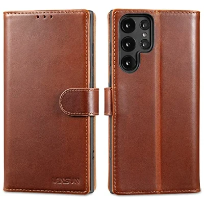 Abbildung von LENSUN Echtleder Hülle für Samsung Galaxy S22 Ultra, Handyhülle [Echtes Leder][Kartenfach][RFID Schutz] Handytasche Lederhülle Ultra 5G Dunkelbraun