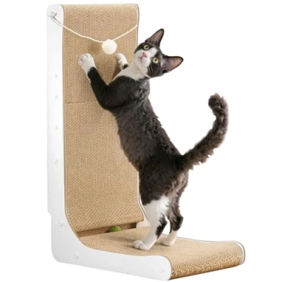 Abbildung von Gimars Hohe 68cm L förmige Kratzbrett Katze mit Ball, Vertikaler kratzpappe für Katzen, Langlebiges Katzenkratzbrett, Katzenspielzeug zum Schutz von Möbeln und Sofas，Holzfarbe