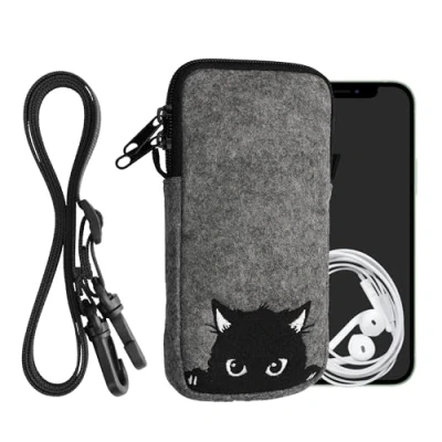 Abbildung von kwmobile Handytasche für Smartphones XL 6,7/6,8&quot; Filz Handy Hülle Grau Schwarz Tasche mit Kette 17,2 x 8,4 cm Innenmaße Neugierige Katze