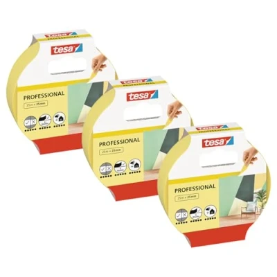 Abbildung von tesa Profi Malerband INNEN im 3er Pack Dünnes Abdeckband für extrem präzises Abkleben bei Malerarbeiten, lösungsmittelfrei 3 Rollen je 25 m