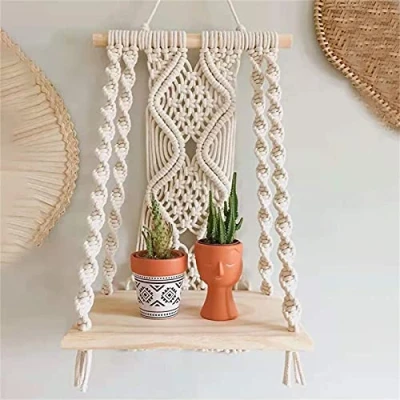 Abbildung von EXQULEG Makramee Wandbehang Regal Boho Tapisserie Handgewebte mit Holzregal für Haupthochzeitsfest