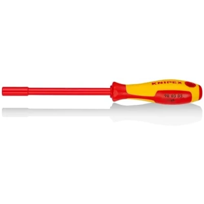 Abbildung von KNIPEX 98 03 05 Steckschlüssel mit Schraubendreher Griff isolierender Mehrkomponenten Griff, VDE geprüft brüniert 230 mm