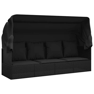 Abbildung von vidaXL Gartenliege Outdoor Loungebett mit Dach und Kissen Schwarz Poly Rattan, 1 St.