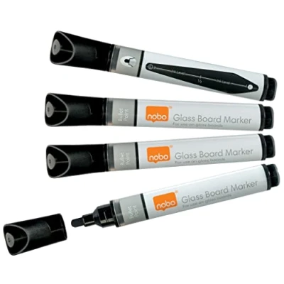 Abbildung von Nobo Liquid Ink Whiteboard Marker für Glas Whiteboards, 3 mm Rundspitze, 4er Set, trocken abwischbar, Non Permanent Stift Präsentationen in der Schule oder im Büro, schwarz, 1905322