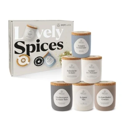 Abbildung von POTLUCK Kräuter Kumpel 6er Set Gewürzmischungen im Keramiktopf Vegan, glutenfrei und mit natürlichen Inhaltsstoffen