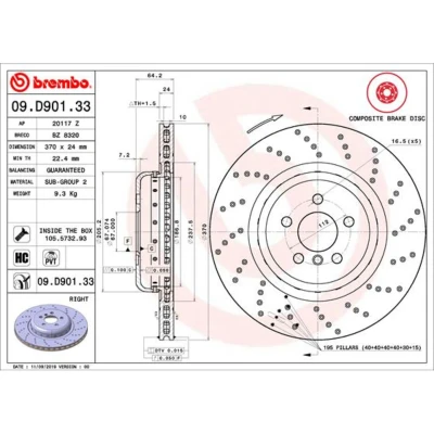 Abbildung von BREMBO 09.D901.33 Bremsscheibe 370 24 5 gelocht/innenbel., Verbundbremsscheibe beschichtet hochgekohlt mit Schrauben BMW: Touring, Limousine, 7